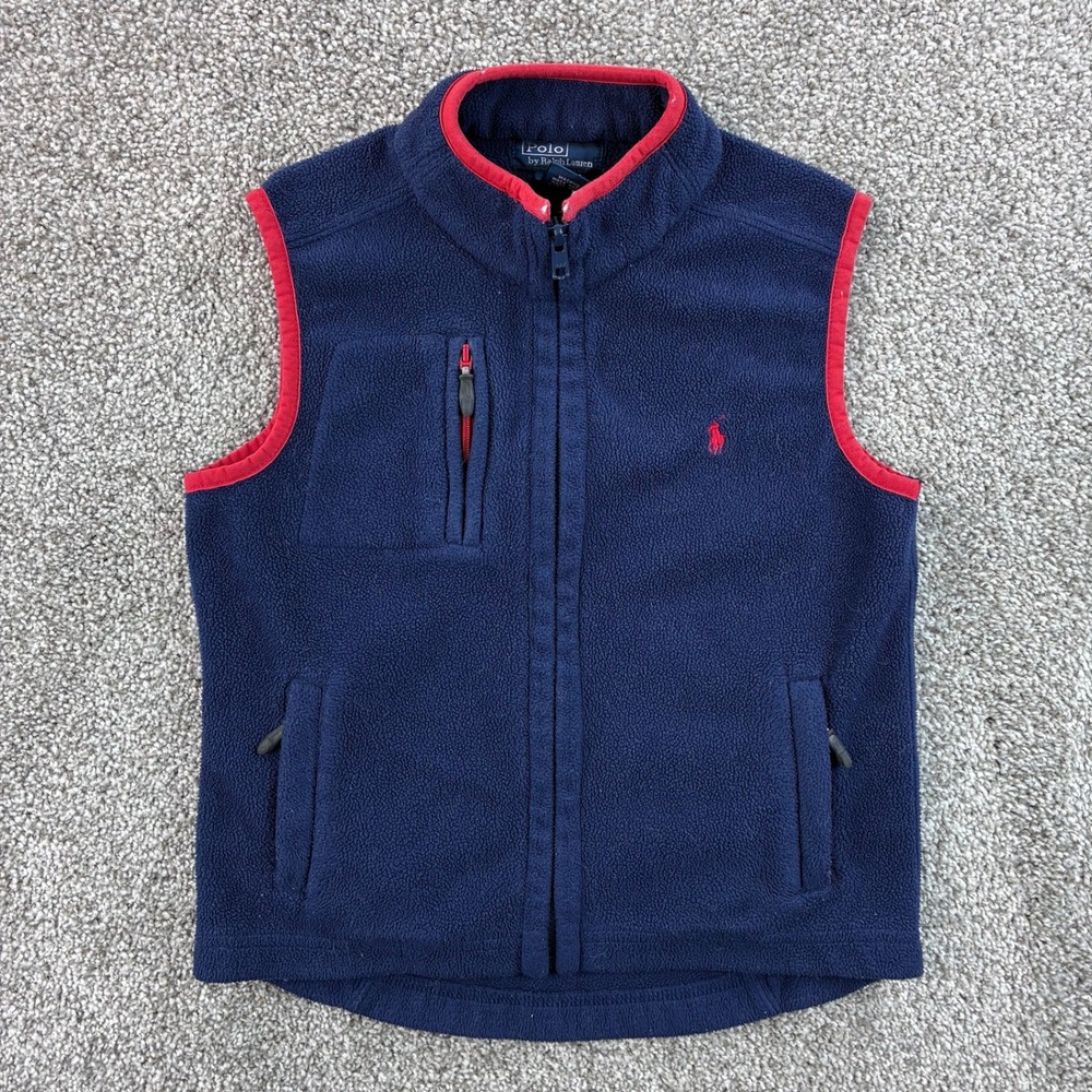 Polo Ralph Lauren Fleece Vest Kids 6 Navy Blue Red Trim Full Zip Pony Logo